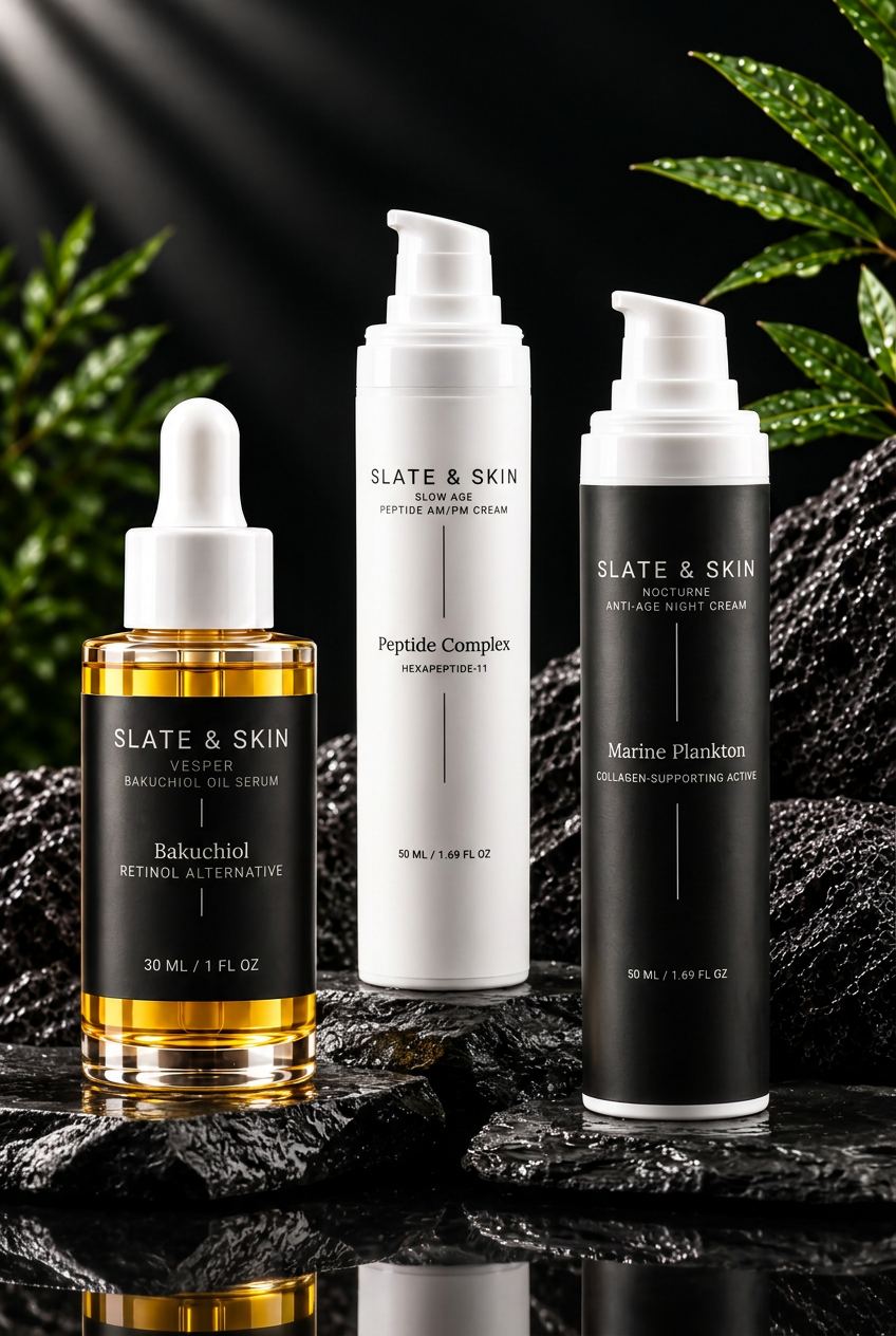 Sérum huileux alternatif au rétinol naturel Slate & Skin, crème jour/nuit Peptide Ageless et crème de nuit anti-âge au collagène sur pierre sombre.
